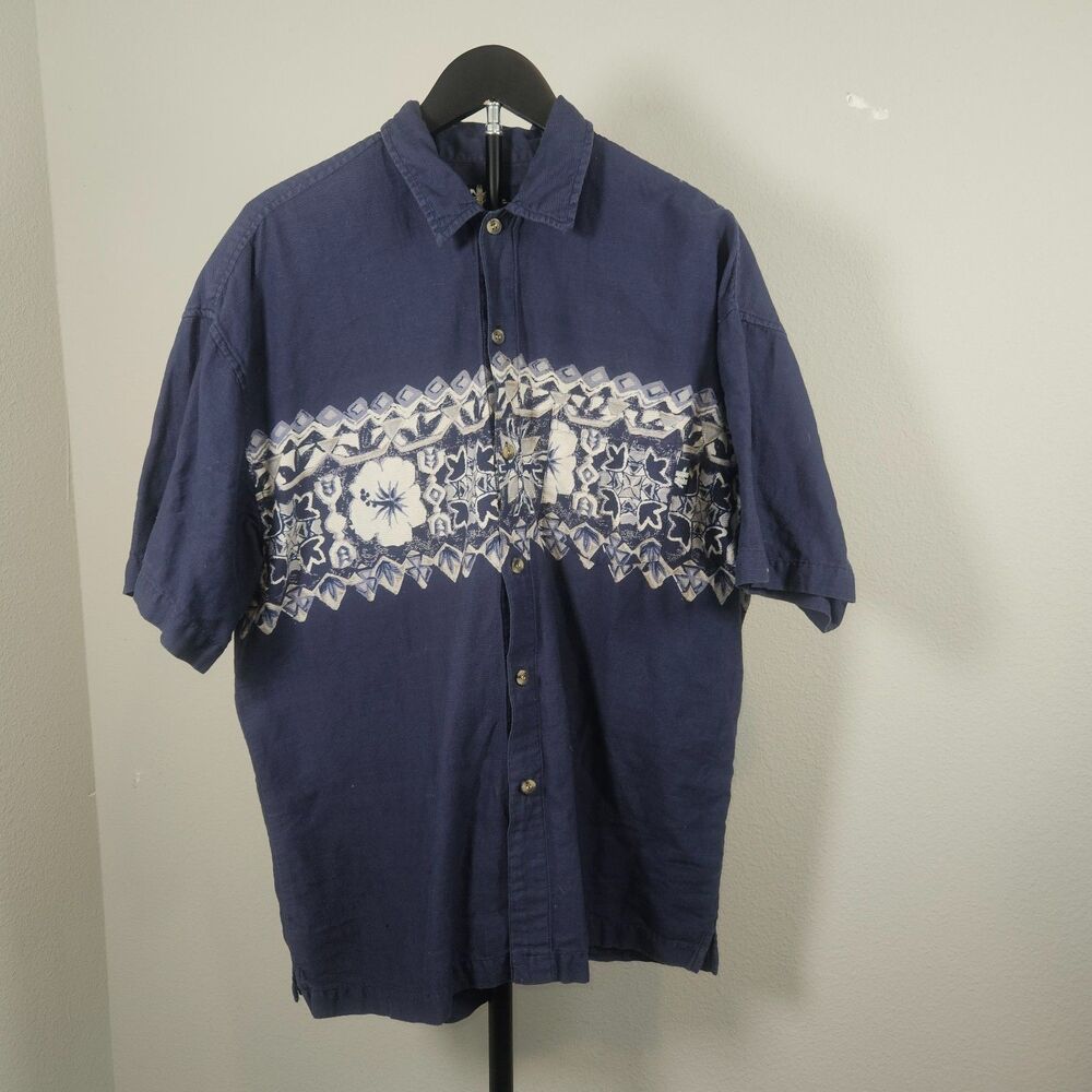 Vintage No Fear Hawaii Mens Large Blue Aloha Shirt Tribal Floral Surf Beach